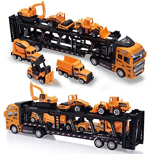 VBACALA 7PCS Bagger Autotransporter Spielzeug, Mini Baustellenfahrzeuge Kinder LKW Spielzeug, Diecast Pull Back Metal Auto Spielzeug Für Sandspielzeug Bagger Spielzeug ab 3 Jahre Junge Mädchen von VBACALA