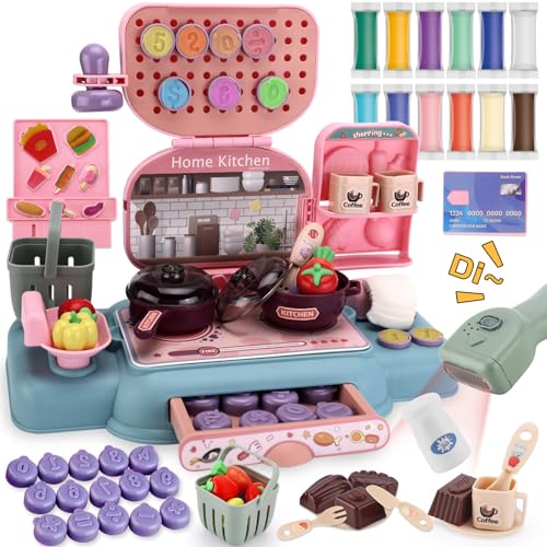 VBACALA 65 Stück Knete Set Knetwerkzeug für Kinder,Knete Supermarkt Kasse,Knete Zubehör Kitchen Creations mit 12 Dosen Knete,Werkzeuge Sets Kinderspielhaus Sets Mädchen Jungen von VBACALA