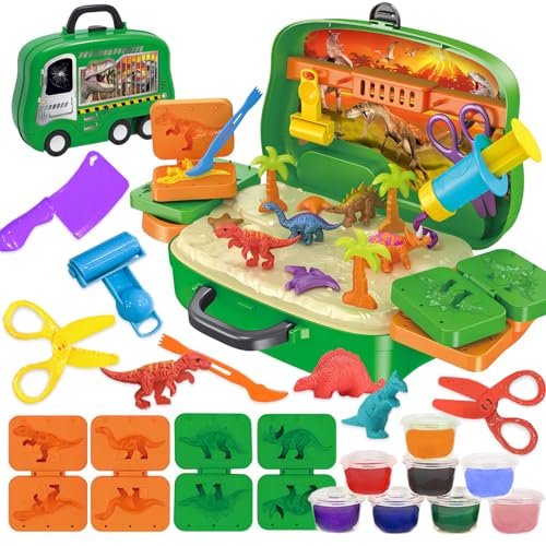 VBACALA Knete Zubehör, Knete Set Dinosaurier Spielzeug im Koffer mit Rädern, Kinder Knete ab 3 Jahre, Knetmasse Knetwerkzeug Knetset Geschenke für Jungen und Mädchen von VBACALA