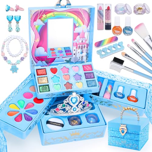 VBACALA 47PCS Kinderschminke Sets Mädchen, Schminkkoffer Mädchen Spielzeug,Waschbar Schminke Kinder für mädchen Prinzessin Blau Kinder Schminkkoffer 3 4 5 6 7 8 Jahre Mädchen von VBACALA