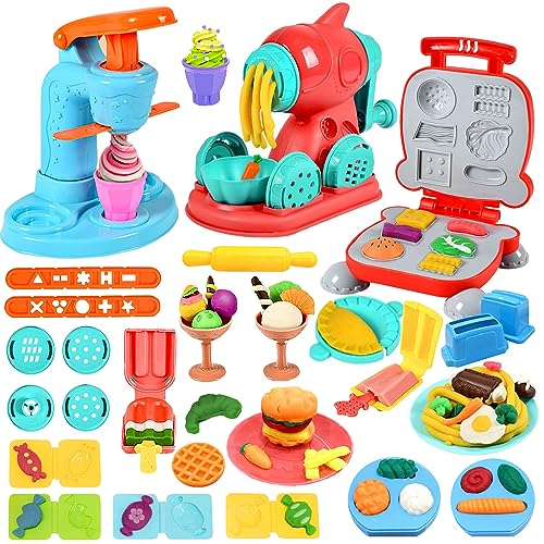 VBACALA Knete Zubehör Kitchen Creations,Knete Eismaschine Nudelmaschine Burgermaschine,Knete Set Knetwerkzeug für Kinder, Spielzeug Geschenk Knete ab 3 Jahre von VBACALA