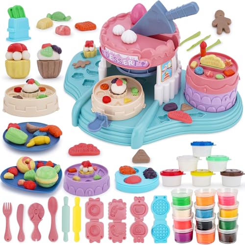 VBACALA 40 Stück Knete Zubehör Set für Kinder Kinderknete Kitchen Creations Kuchen Knete Set,DIY Knete Eismaschine Set Knetwerkzeug mit 18 Dosen Knetmasse für Kinder knete ab 3 Jahre von VBACALA