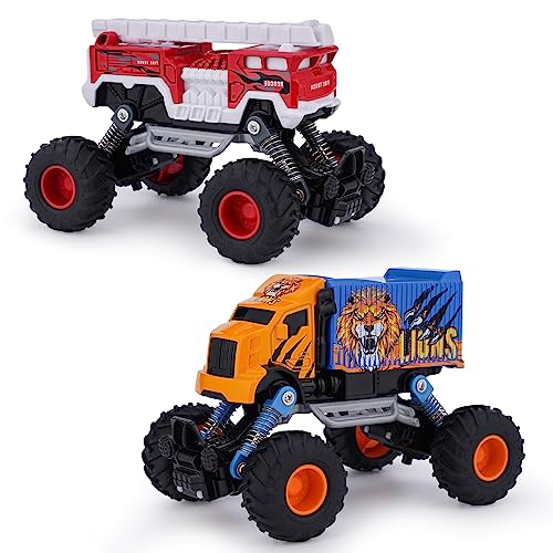 VBACALA Monstertruck Auto Spielzeug,Feuerwehrauto und Löwen LKW Monster Trucks Aufziehauto Spielzeugautos LKW Rennwagen Fahrzeuge, Kinderspielzeug für Kinder 3+ Jahr Jungen Mädchen Geschenk von VBACALA