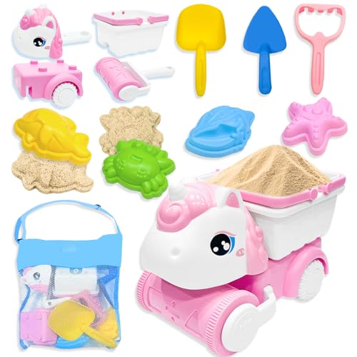 VBACALA Sandspielzeug,11 PCS Sandkasten Spielzeug mit 4 in 1 abnehmbarem Einhorn Strandbuggy,Netzbeutel,Sandschaufel und Meerestiere Sandförmchen Sandspielzeug Set,Sand Strandspielzeug ab 3 Jahre von VBACALA