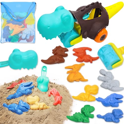 VBACALA Sandspielzeug Set für Kinder,12 PCS Sandkasten Spielzeug mit 4 in 1 abnehmbarem Dinosaurier Strandbuggy,Netzbeutel,Sandschaufel Sandrad und Dinosaurier Sandform,Sandspielzeug ab 3 Jahre von VBACALA