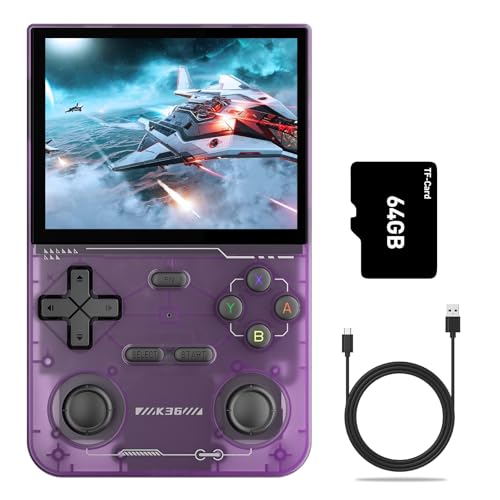 K36 Handheld-Spielekonsole, Retro-Spielekonsole mit 3,5-Zoll-HD-Farbbildschirm, 64G-TF-Karte, Integriert in über 16.000 Klassischen Spielen, 3500-mAh-Akku (Purple) von VBESTLIFE