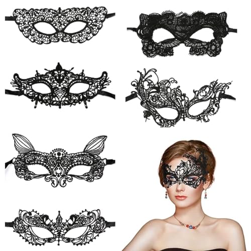 VBKITW Spitze Maske, 6 Stück Maske Spitze Damen, Schwarz Sexy Lace Augenmaske für Frauen, Augenmaske Maskerade Maske für Karneval Abendkleid Tanz Ball Party von VBKITW