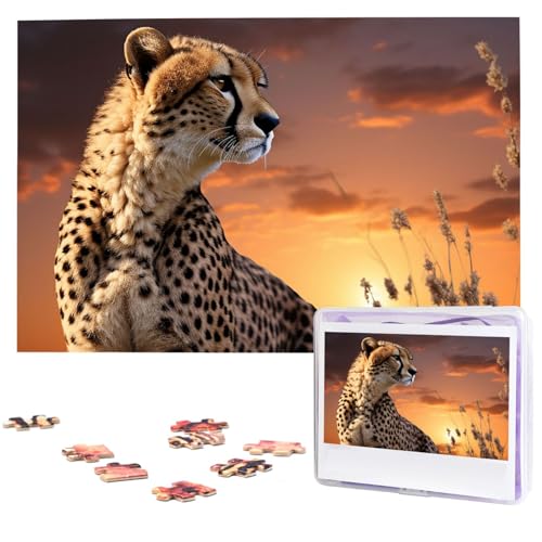 Puzzle für Erwachsene 1000 Teile Holzpuzzle Moderne Kunst Puzzle Gepard mit Sonnenuntergang Herausfordernde Puzzles Benutzerdefinierte Bilderpuzzle Personalisiertes Fotopuzzle für Geschenk Familie von VBNTY