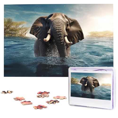 Puzzle für Erwachsene 1000 Teile Holzpuzzle Moderne Kunst Puzzle Schwimmen Afrikanischer Elefant Herausfordernde Puzzles Benutzerdefinierte Bilderpuzzle Personalisiertes Fotopuzzle für Geschenk von VBNTY