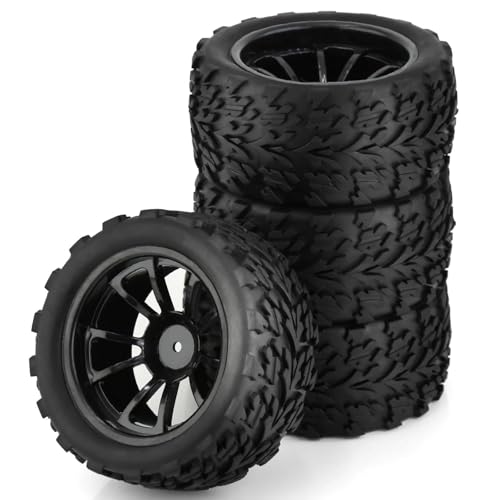 Reifen Kunststoff Räder Kompatibel Mit Trxs, Für Himoto, Für HSP, Für HPI, Für Redcat, 4 Stück, 125 Mm Gummireifen Und Felgen Für 1/10 RC Monster Truck, 12 Mm Sechskant, 4 Mm Kontermuttern(Black) von VBNYBA