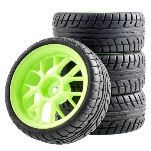 VBNYBA Reifen Kunststoff Räder Kompatibel Mit WLtoys 144001 Und 1/18 1/16 1/10 Autoreifen RC Auto Gummireifen & Felgen 12mm Sechskantnabe 4er-Pack(Green) von VBNYBA