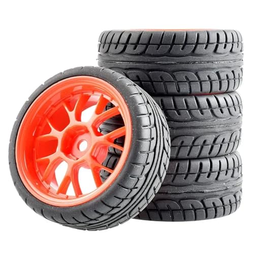 VBNYBA Reifen Kunststoff Räder Kompatibel Mit WLtoys 144001 Und 1/18 1/16 1/10 Autoreifen RC Auto Gummireifen & Felgen 12mm Sechskantnabe 4er-Pack(Orange) von VBNYBA