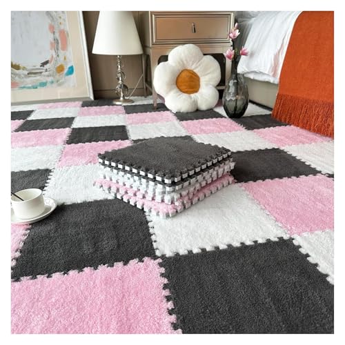 Plüsch Schaumstoff Bodenmatte, 10 Stück Puzzle-Bodenspielmatten wie Teppiche, Puzzle-Bodenmatte aus Schaumstoff, ineinander greifende Plüschteppichfliesen mit Rand, 12 x 12 Zoll(Pink+white+gray,0.23 i von VDCVADKYE