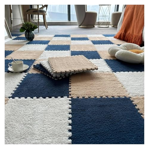 Plüsch Schaumstoff Bodenmatte, 10 Stück Puzzle-Bodenspielmatten wie Teppiche, Puzzle-Bodenmatte aus Schaumstoff, ineinander greifende Plüschteppichfliesen mit Rand, 12 x 12 Zoll(Blue+apricot+white,0.2 von VDCVADKYE