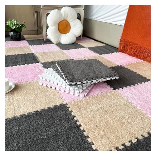 Plüsch Schaumstoff Bodenmatte, 10 Stück Puzzle-Bodenspielmatten wie Teppiche, Puzzle-Bodenmatte aus Schaumstoff, ineinander greifende Plüschteppichfliesen mit Rand, 12 x 12 Zoll(Pink+gray+apricot,0.39 von VDCVADKYE