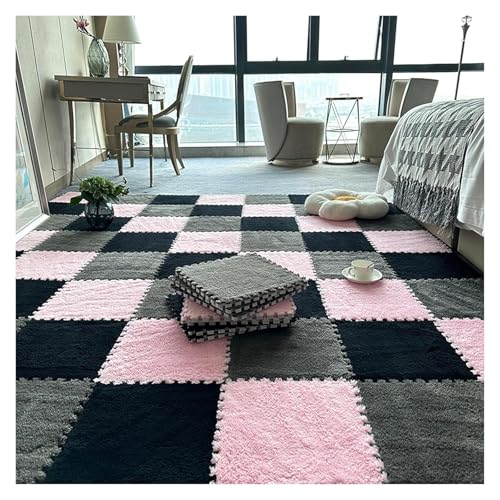 Plüsch Schaumstoff Bodenmatte, 10 Stück Puzzle-Bodenspielmatten wie Teppiche, Puzzle-Bodenmatte aus Schaumstoff, ineinander greifende Plüschteppichfliesen mit Rand, 12 x 12 Zoll(Pink+gray+black,0.23 i von VDCVADKYE