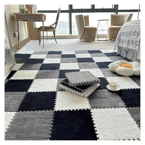 Plüsch Schaumstoff Bodenmatte, 10 Stück Puzzle-Bodenspielmatten wie Teppiche, Puzzle-Bodenmatte aus Schaumstoff, ineinander greifende Plüschteppichfliesen mit Rand, 12 x 12 Zoll(Black+Gray+White,0.39 von VDCVADKYE