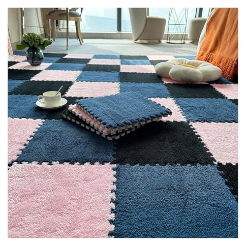 Plüsch Schaumstoff Bodenmatte, 10 Stück Puzzle-Bodenspielmatten wie Teppiche, Puzzle-Bodenmatte aus Schaumstoff, ineinander greifende Plüschteppichfliesen mit Rand, 12 x 12 Zoll(Black+navy Blue+pink,0 von VDCVADKYE