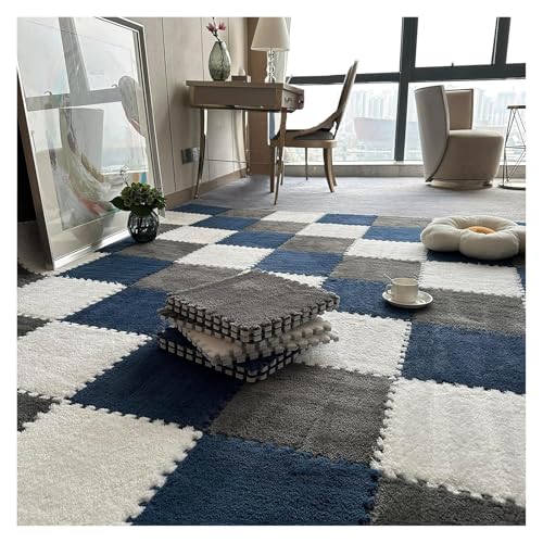 Plüsch Schaumstoff Bodenmatte, 10 Stück Puzzle-Bodenspielmatten wie Teppiche, Puzzle-Bodenmatte aus Schaumstoff, ineinander greifende Plüschteppichfliesen mit Rand, 12 x 12 Zoll(Gray+white+navy Blue,0 von VDCVADKYE