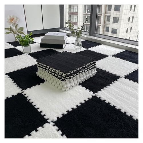 Plüsch Schaumstoff Bodenmatte, 80 Stück Flauschige Spielmatten mit Rand, ineinander greifende Spielmattenquadrate, Plüsch-Puzzle-Teppichfliesen, Schaumstoff-Bodenmatten, 30 x 30 cm(Black+white,0.23 in von VDCVADKYE