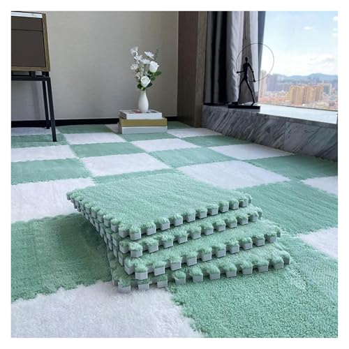 Plüsch Schaumstoff Bodenmatte, 80 Stück Flauschige Spielmatten mit Rand, ineinander greifende Spielmattenquadrate, Plüsch-Puzzle-Teppichfliesen, Schaumstoff-Bodenmatten, 30 x 30 cm(Green+white,0.23 in von VDCVADKYE