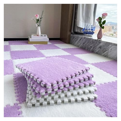 Plüsch Schaumstoff Bodenmatte, 80 Stück Flauschige Spielmatten mit Rand, ineinander greifende Spielmattenquadrate, Plüsch-Puzzle-Teppichfliesen, Schaumstoff-Bodenmatten, 30 x 30 cm(Purple+white,0.39 i von VDCVADKYE