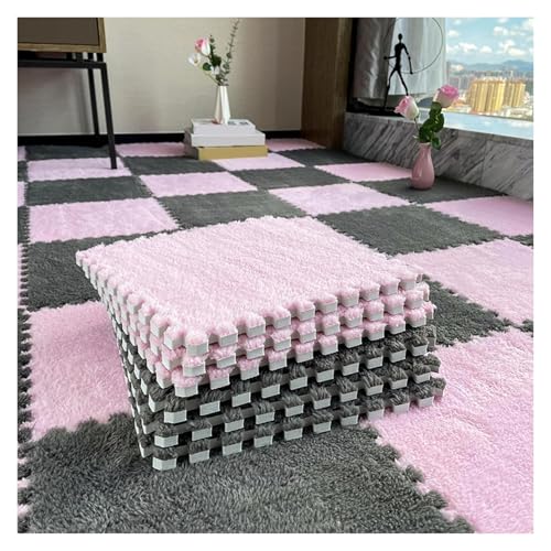 Plüsch Schaumstoff Bodenmatte, 80 Stück Flauschige Spielmatten mit Rand, ineinander greifende Spielmattenquadrate, Plüsch-Puzzle-Teppichfliesen, Schaumstoff-Bodenmatten, 30 x 30 cm(Gray+pink,0.23 inch von VDCVADKYE