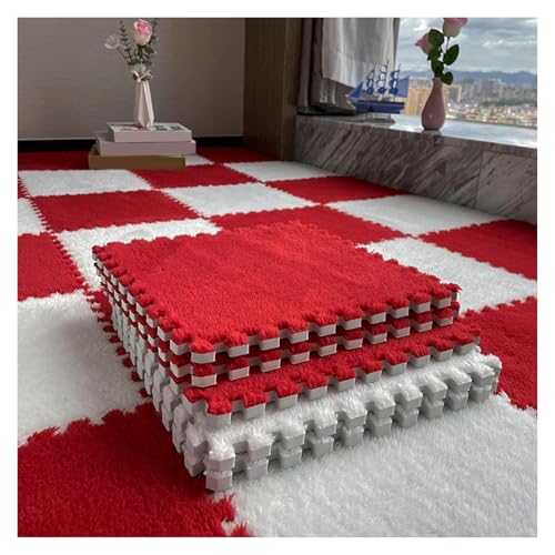 Plüsch Schaumstoff Bodenmatte, 80 Stück Flauschige Spielmatten mit Rand, ineinander greifende Spielmattenquadrate, Plüsch-Puzzle-Teppichfliesen, Schaumstoff-Bodenmatten, 30 x 30 cm(Red+white,0.23 inch von VDCVADKYE