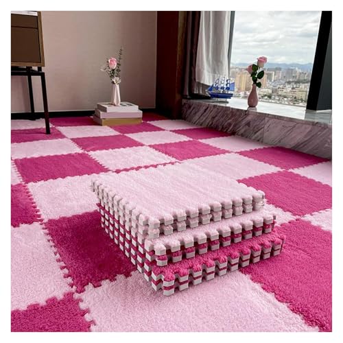 Plüsch Schaumstoff Bodenmatte, 80 Stück Flauschige Spielmatten mit Rand, ineinander greifende Spielmattenquadrate, Plüsch-Puzzle-Teppichfliesen, Schaumstoff-Bodenmatten, 30 x 30 cm(Rose Red+pink,0.39 von VDCVADKYE