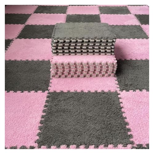 Plüsch Schaumstoff Bodenmatte, Spielmatte mit Fliesen, Plüschschaum, quadratische Bodenmatten mit Rand, ineinandergreifende, Flauschige Fliesen, quadratisches Puzzle-Boden, 12 Stück(Pink+Dark Gray) von VDCVADKYE