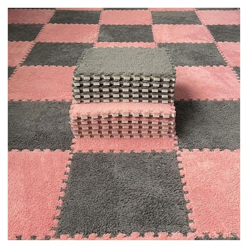 Plüsch Schaumstoff Bodenmatte, Spielmatte mit Fliesen, Plüschschaum, quadratische Bodenmatten mit Rand, ineinandergreifende, flauschige Fliesen, quadratisches Puzzle-Boden, 12 Stück(Brick Red+dark Gra von VDCVADKYE