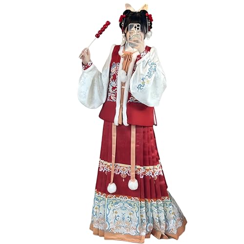 VDCVADKYE Chinesisches Hanfu-Kleid, For Damen, Mantel mit besticktem Kragen und Rock mit Pferdemuster, 3-teilig(Red,Large) von VDCVADKYE