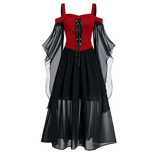 VDDTAGAM Cruella Devil Kostüm Damen Goth Dress Halloween Kostüm Vampir Damen Abendkleid Damen Halloween Kostüm Frau Helloween Kostüm Fledermaus Kostüm Damen Renaissance Kleid Damen Hal(Vermilion,S) von VDDTAGAM