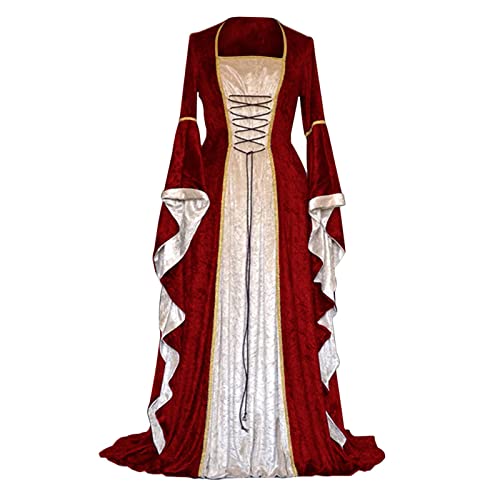 VDDTAGAM Halloween Kostüme Für Damen Hexen Kostüm Damen Abendkleider Elegant Für Hochzeit Halloween Dress Kleider Damen Festlich Elegant Halloween Kostüme Mittelalter Kleid Leinenkleid(Wine,M) von VDDTAGAM