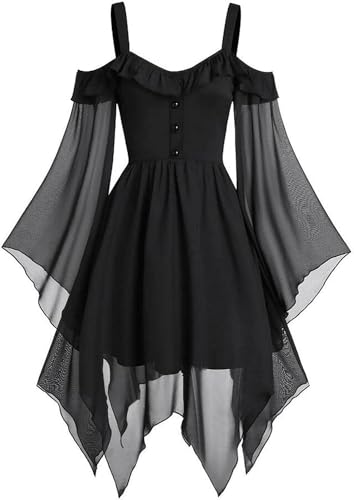 VDDTAGAM Kleid Schwarz Halloween Kostüm Vampir Halloween Kostüm Vampir Damen Halloween Kleider Halloween Kleid Horror Kostüm Damen Halloween Umhang Damen Kleid Gothic Weisses Kleid Hal(Black,XXL) von VDDTAGAM