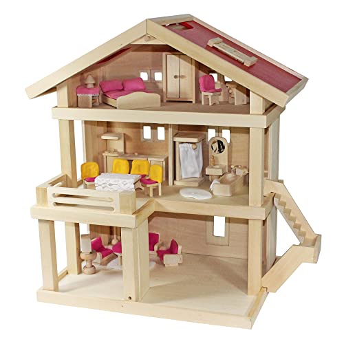 Villa Freda rosé Puppenhaus Holz Villa Puppenvilla Stadtvilla Dollshouse + Puppenhausmöbel Puppenmöbel + Hussen + 26teilig aus Holz 3 Etagen 46 x 35 x 58 cm von VDP