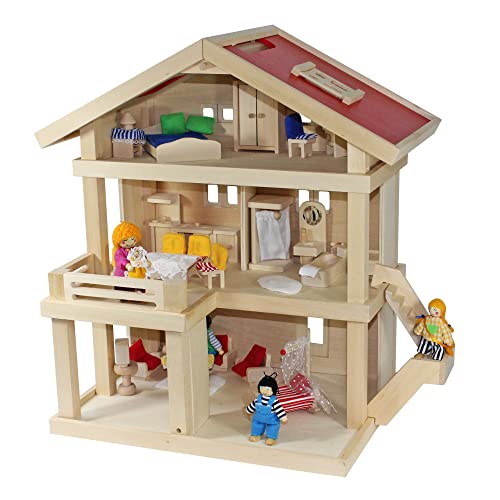 Villa Puppenhaus Holz Villa Puppenvilla Stadtvilla + Puppenhausmöbel Puppenmöbel + Puppenfamilie mit Baby + Hussen + Wiege + 26teilig aus Holz 3 Etagen 46 x 35 x 58 cm Dollshouse von VDP