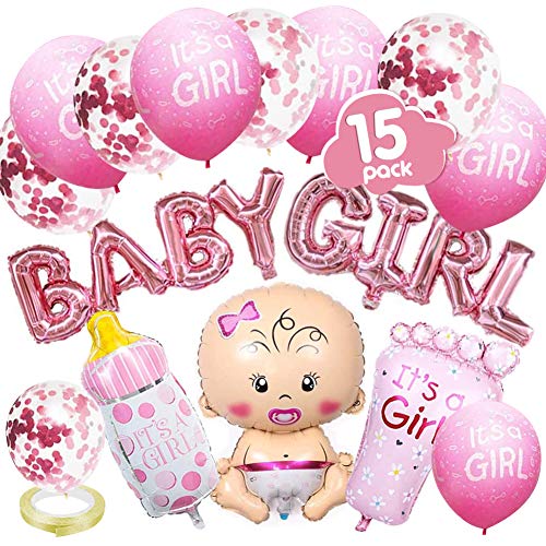 VDSOW Babyparty Deko, Rosa Gender Reveal Party Dekoration mit Mädchen Ballon/Baby Girl Ballon Banner/Konfetti Luftballons/Es ist EIN Mädchen Ballons/Babyflasche, Fußförmige Helium Folienballon/Band von VDSOW