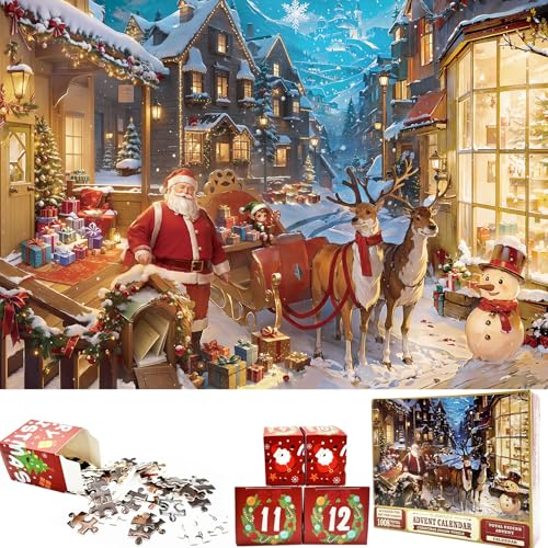 VEEKAY Adventskalender Puzzle,24 Boxen -1008 Teile,Katzen Weihnachts Jigsaw Puzzle,Countdown bis Weihnachten,Weihnachten Geschenke,Hausdekoration,Weihnachtskalender Puzzles (Alter Mann Elch) von VEEKAY