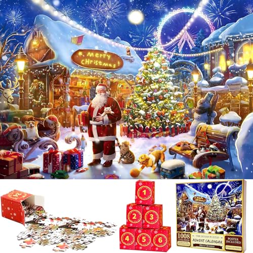 VEEKAY Puzzle Adventskalender 2024,24 Boxen 1008 Teile Weihnachts Jigsaw Puzzle,24 Tage Weihnachtspuzzle Countdown Bis Weihnachten,Weihnachtsgeschenke für Erwachsene und Kinder,70cm x 50cm von VEEKAY