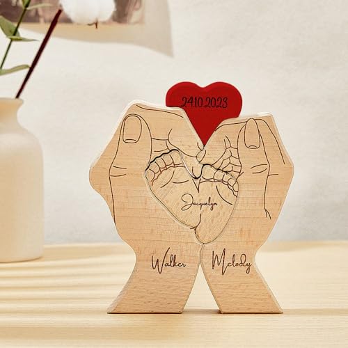 Personalisiertes Holzkunstpuzzle der Babyfüßefamilie Familiennamen | Bärenskulptur aus Holz als Desktop-Dekoration Ornament für Zuhause Tischdekoration, Mama Großmutter von VEELU