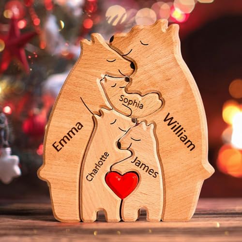 Personalisiertes Holzkunstpuzzle der Bärenfamilie mit 1-8 Familiennamen | Bärenskulptur aus Holz als Desktop-Dekoration Ornament für Zuhause | Tischdekoration, Geschenk für Familie | Bürodekoration von VEELU