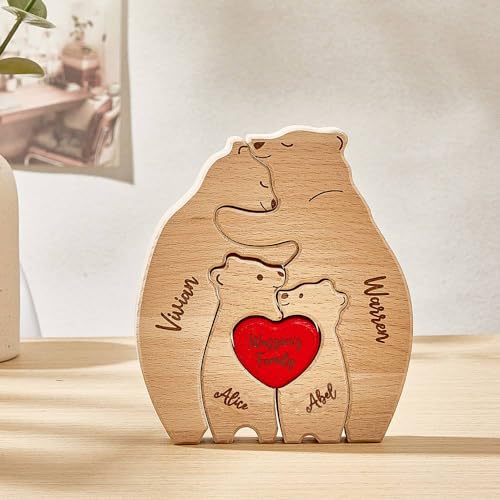 Personalisiertes Holzkunstpuzzle der Bärenfamilie mit 2-6 Familiennamen | Bärenskulptur aus Holz als Desktop-Dekoration Ornament für Zuhause Tischdekoration, Mama Großmutter von VEELU