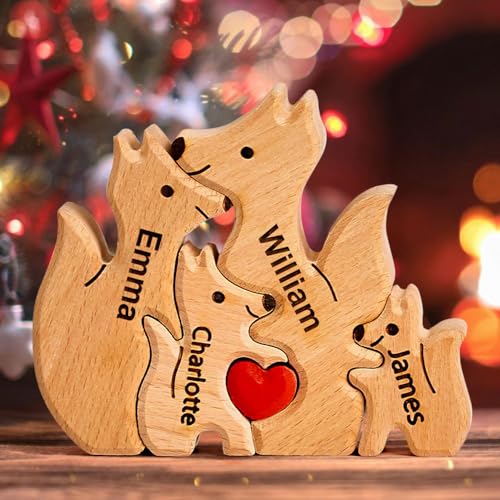 Personalisiertes Holzkunstpuzzle der Fuchsfamilie mit 1-8 Namen| Fuchsskulptur aus Holz als Desktop-Dekoration Ornament für Zuhause | Tischdekoration, Geschenk für Familie | Bürodekoration von VEELU