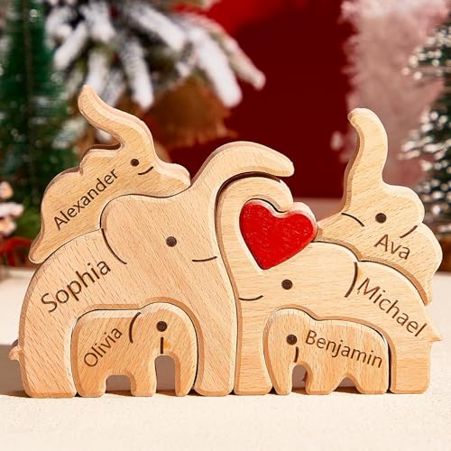 VEELU Personalisiertes Holzkunstpuzzle der Elefantenfamilie mit 1-8 Namen| Holz Bär Skulpturen Desktop Ornament Home Tischdekoration, Geschenk für Familie| Bürodekoration von VEELU