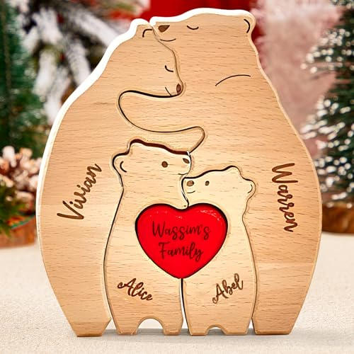 VEELU Personalisiertes Holzkunstpuzzle der Bärenfamilie mit 2-8 Namen| Holz Bär Skulpturen Desktop Ornament Home Tischdekoration, Geschenk für Familie, Muttervatertag Geburtstag von VEELU