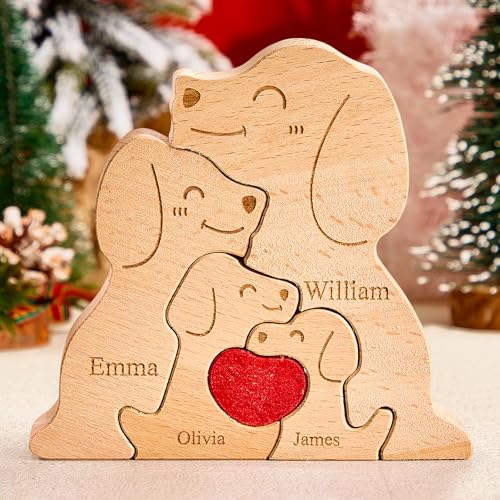 VEELU Personalisiertes Holzkunstpuzzle der Hundfamilie mit 2-8 Namen| Holz Bär Skulpturen Desktop Ornament Home Tischdekoration, Geschenk für Familie, Muttervatertag Geburtstag von VEELU