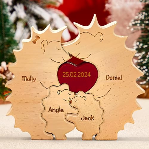 VEELU Personalisiertes Holzkunstpuzzle der Igelfamilie mit 2-8 Namen| Holz Bär Skulpturen Desktop Ornament Home Tischdekoration, Geschenk für Familie, Muttervatertag Geburtstag von VEELU