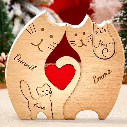 VEELU Personalisiertes Holzkunstpuzzle der Kätzchenfamilie mit 2-8 Namen| Holz Bär Skulpturen Desktop Ornament Home Tischdekoration, Geschenk für Familie, Muttervatertag Geburtstag von VEELU