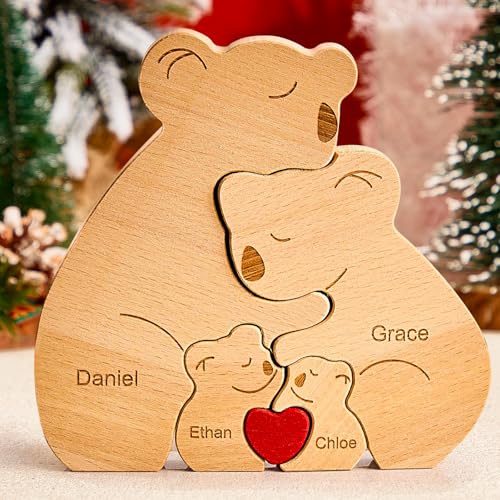 VEELU Personalisiertes Holzkunstpuzzle der Koalasfamilie mit 2-8 Namen| Holz Bär Skulpturen Desktop Ornament Home Tischdekoration, Geschenk für Familie, Muttervatertag Geburtstag von VEELU